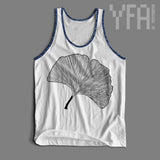 Tri-white with tri-navy trim ginkgo leaf screen printed unisex tank top