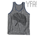 Tri grey with tr-navy trim ginkgo leaf screen printed unisex tank top