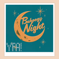 Giclee retro-inspired typography art print of a crescent moon and stars with the text, "Bahoogy Night" in the center.