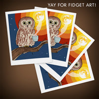 Set of four greeting cards featuring print of an illustrated saw whet owl holding a cup of coffee, with a rainbow full moon in the background.