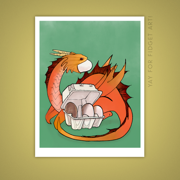 Illustration print of a small house dragon stealing an egg from a carton.