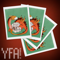 Set of four greeting cards featuring illustration of a small dragon raiding a carton of eggs left unattended.