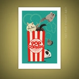 4x6" Illustration print of several chinchillas "popcorning" out of a vintage-style popcorn bag.