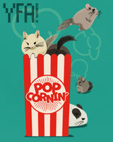 Illustration print of several chinchillas "popcorning" out of a vintage-style popcorn bag.