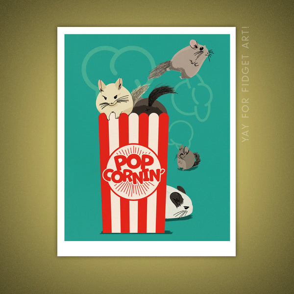 8x10" and 11x14" Illustration print of several chinchillas "popcorning" out of a vintage-style popcorn bag.