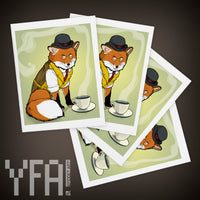 Set of four greeting cards featuring an illustration of a dapper red fox enjoying a cup of tea.