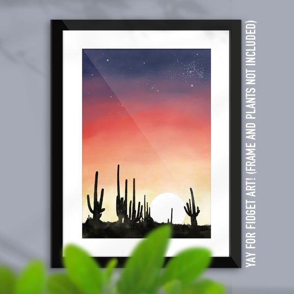 Framed print of desert sunset digital watercolor painting.