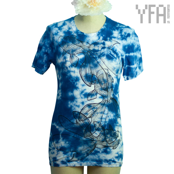 Blue and White Tie-Dye Goldfish Print Shirt