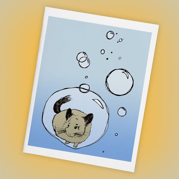 Chinchilla Floating in a Bubble - Single Greeting Card - Yay for Fidget Art!