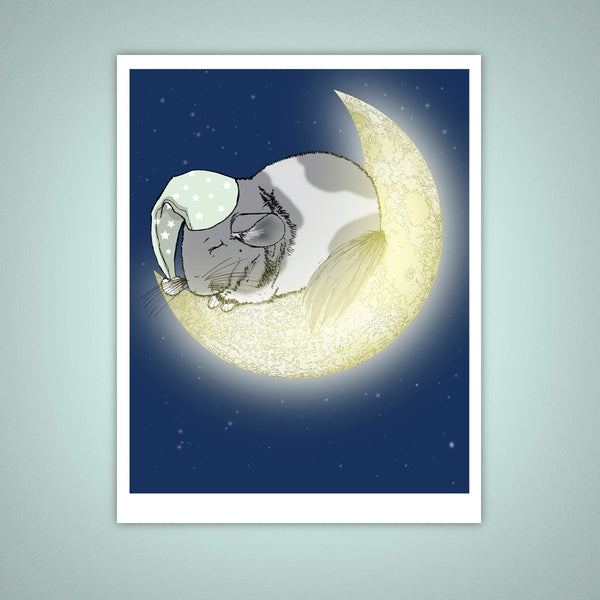 Sleeping Chinchilla, Crescent Moon Giclee Illustration Art Print - Yay for Fidget Art!