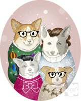 Welsh Corgi Dogs in Ugly Christmas Sweaters, Holiday Portrait Giclee Illustration Print - Yay for Fidget Art!