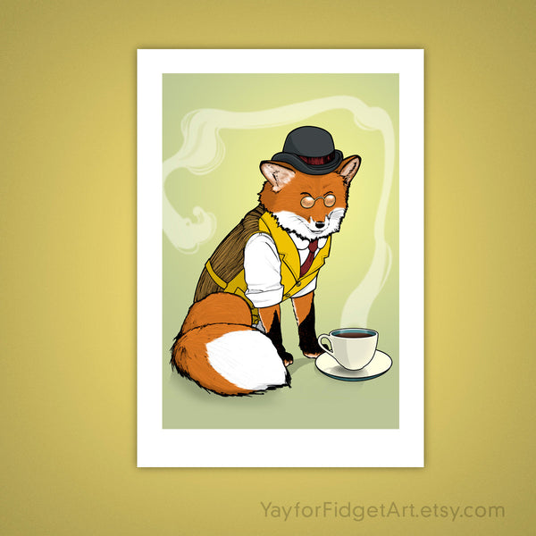 Dapper Red Fox Tea Time Woodland Giclee Illustration Art Print - Yay for Fidget Art!