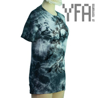 3/4 view of tie-dye t-shirt with Japanese pine tree screen print design.