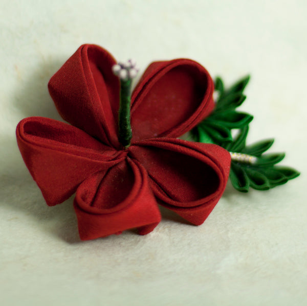 Red Hibiscus Japanese Kanzashi Silk Flower Hairclip - Yay for Fidget Art!