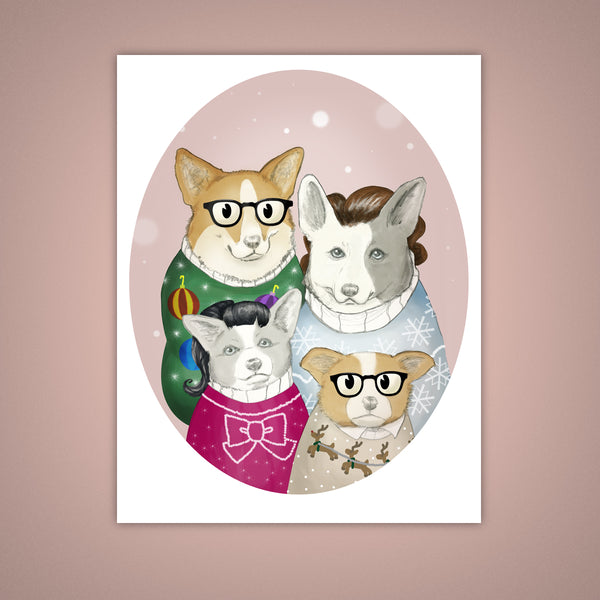 Welsh Corgi Dogs in Ugly Christmas Sweaters, Holiday Portrait Giclee Illustration Print - Yay for Fidget Art!